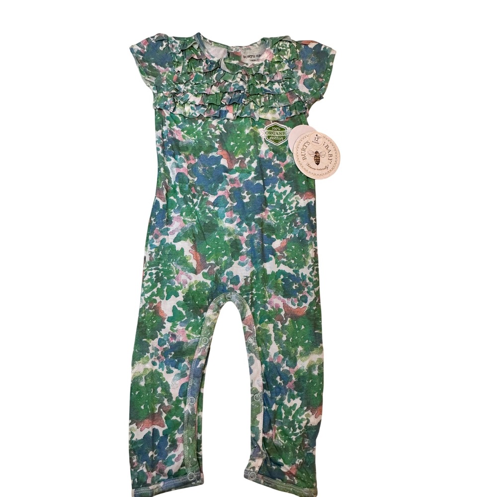 Burt's Bees Baby Romper 12M NWT Organic Cotton Floral Ruffle Green Jumpsuit